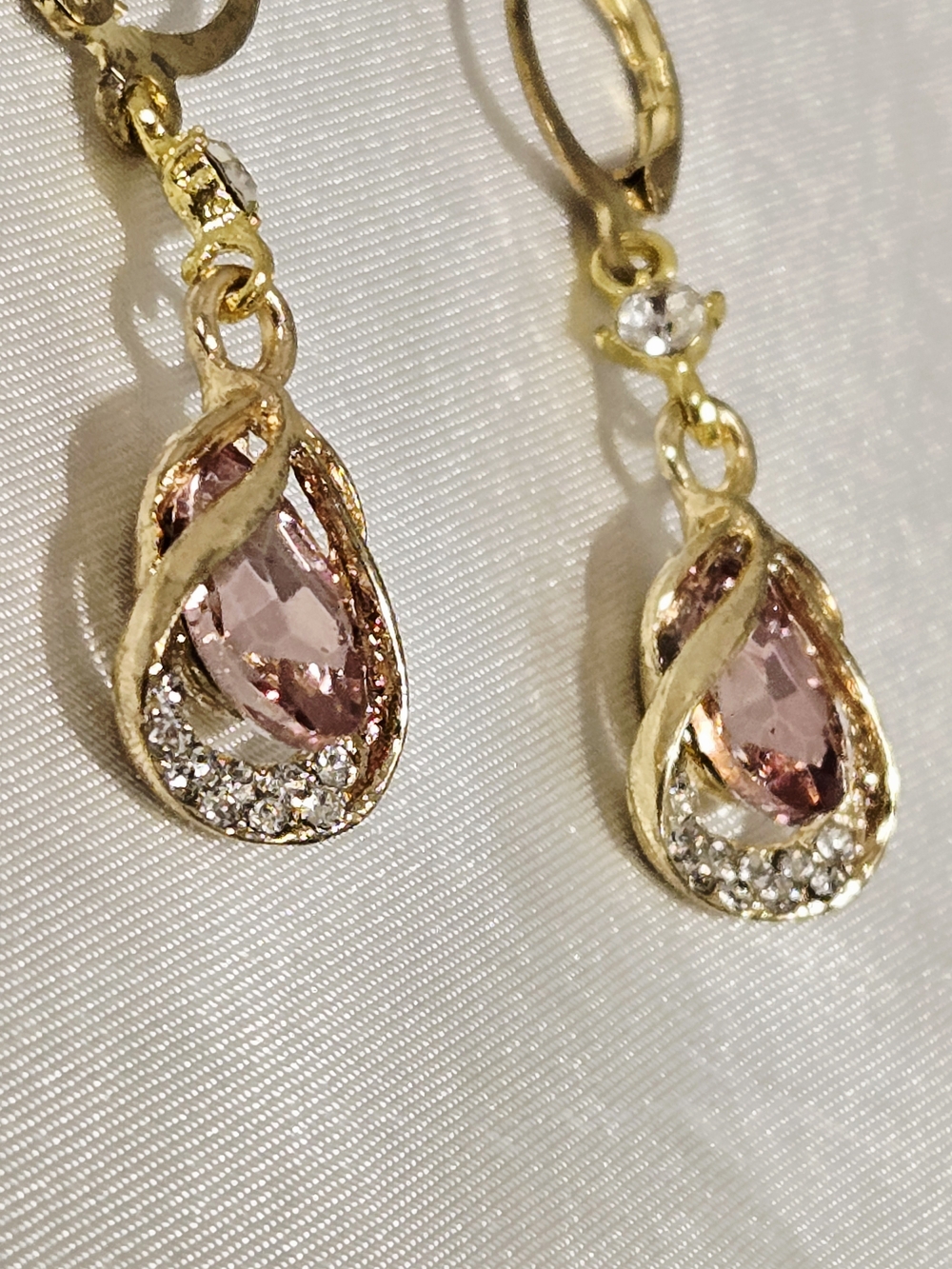 Gold-Plated Teardrop Earrings with Pink Crystal Accents - Picture 2 of 3